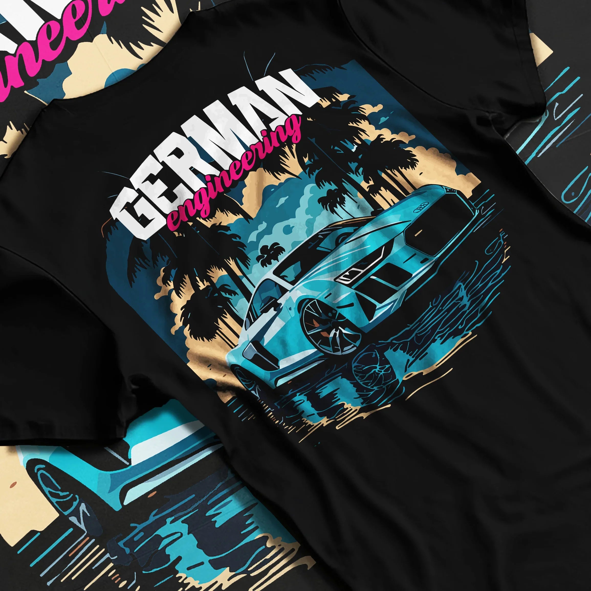 Black T-shirt featuring Audi R8 German engineering supercar graphic in bold car-culture streetwear design.