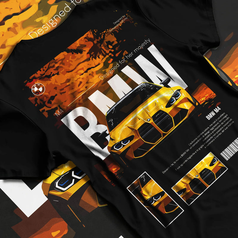 Black T-shirt featuring yellow BMW drift car graphic in bold performance motorsport streetwear design for car culture fans.
