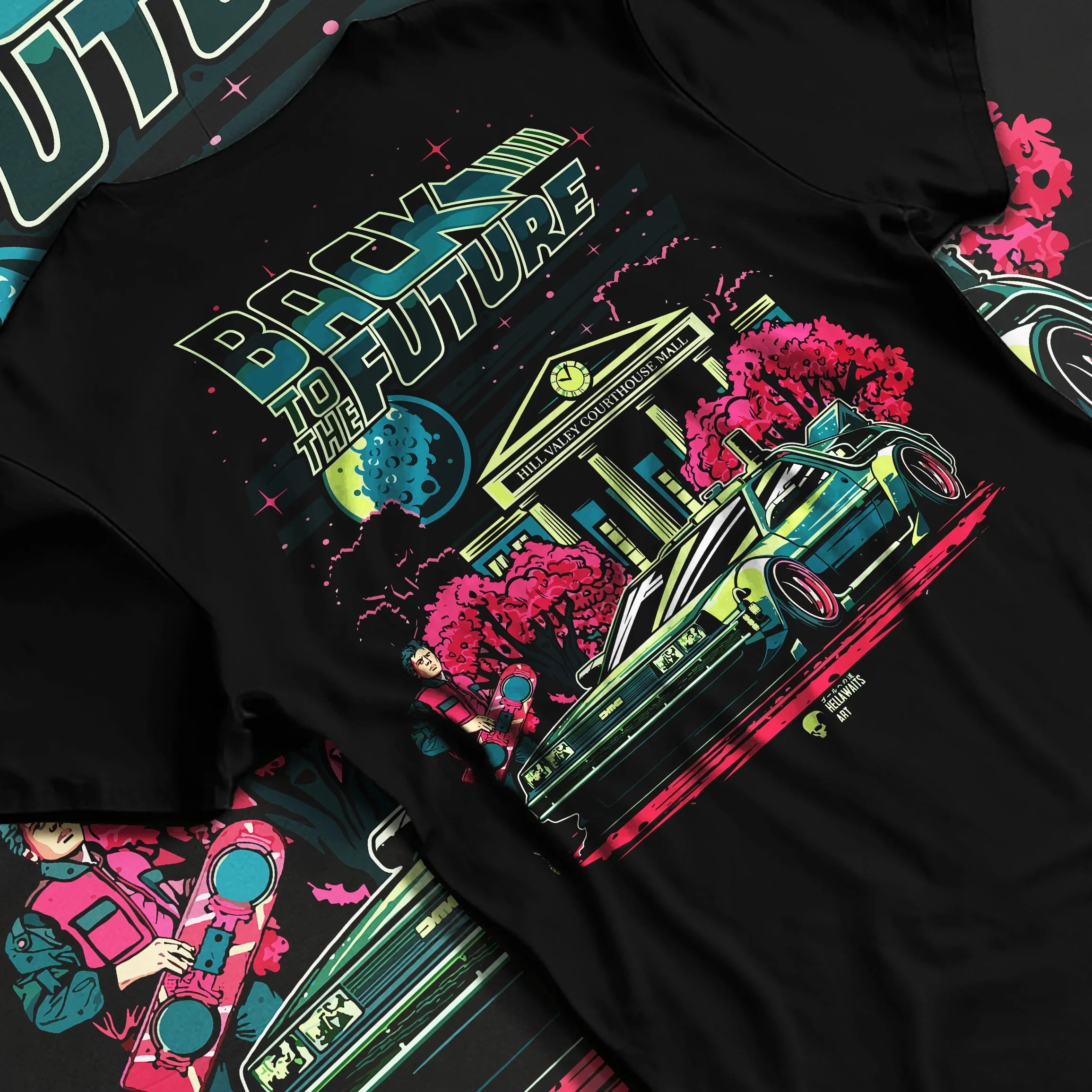 Black T-shirt featuring Back to the Future DeLorean time-machine graphic in neon retro car-culture streetwear design.