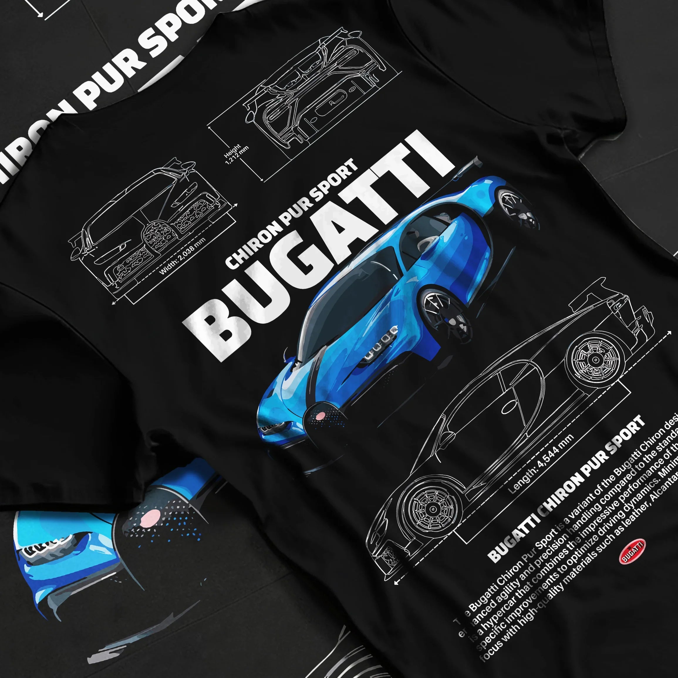 Black T-shirt featuring blue Bugatti Chiron blueprint graphic in bold supercar streetwear design for car culture and motorsport fans.