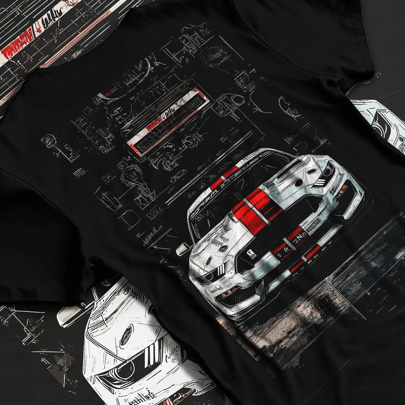 Black T-shirt featuring Ford Mustang racing graphic with blueprint-style artwork in bold muscle-car streetwear design.