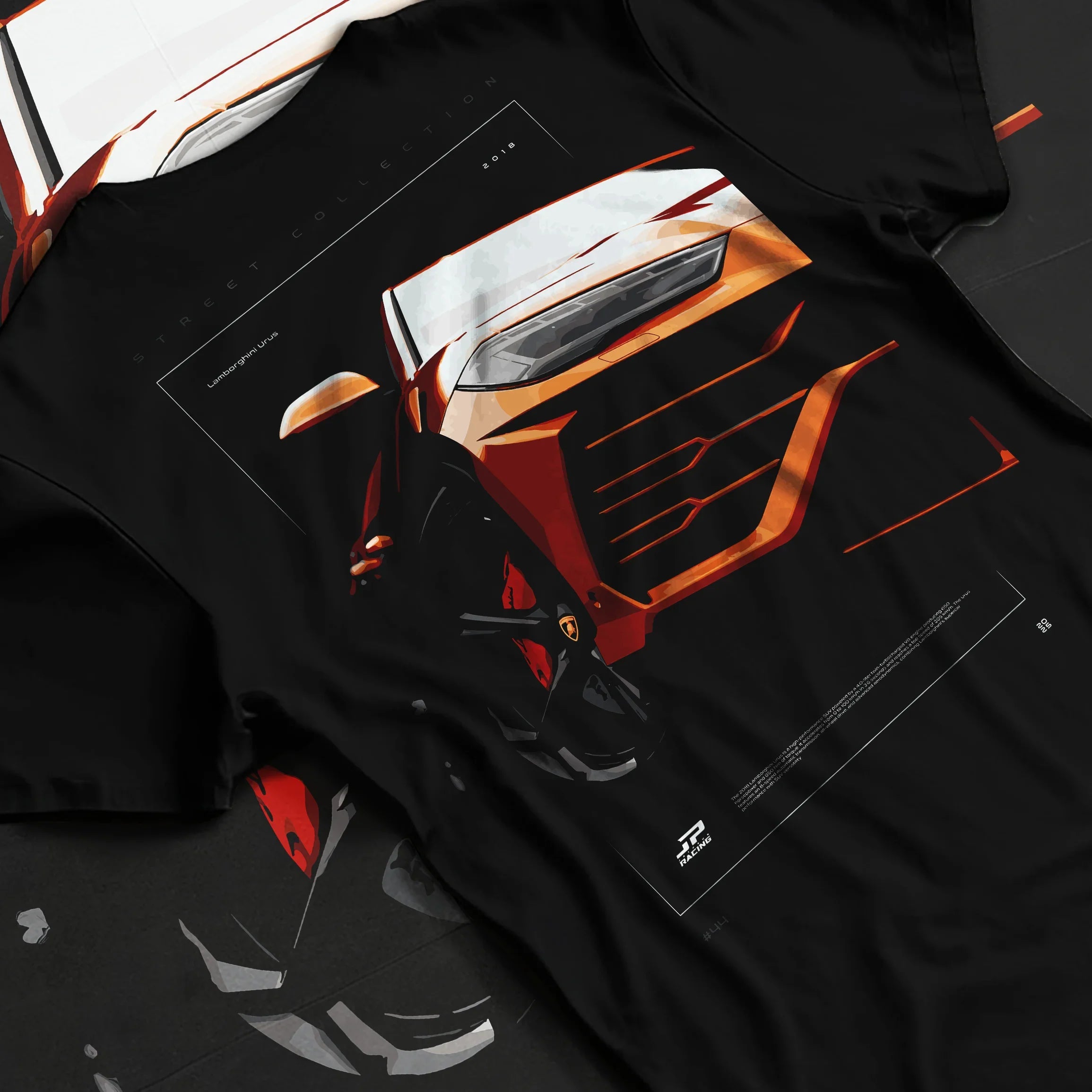 Black T-shirt featuring Lamborghini Urus supercar graphic in bold luxury streetwear design with sharp orange performance styling.