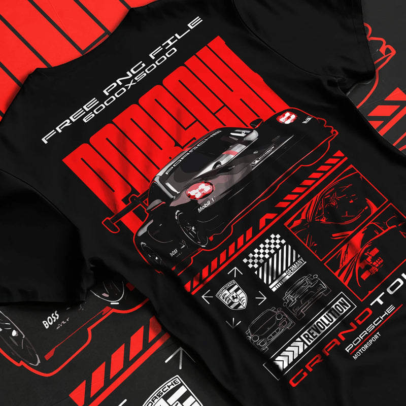 Black T-shirt featuring Porsche GT racing graphic in bold red and black motorsport streetwear design with performance-inspired artwork.