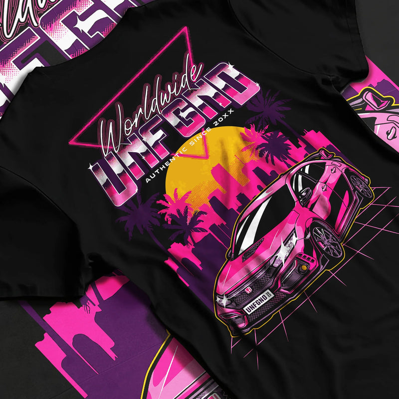 Black T-shirt featuring Honda JDM-inspired street-racing graphic with bold tuner artwork in red and yellow streetwear design.