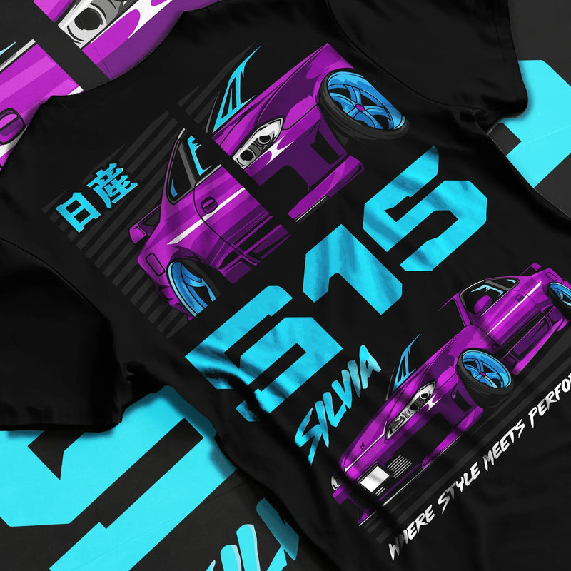 Black T-shirt laid flat with natural fabric folds, featuring Nissan Silvia S15 silvia racing drift jdm japanese street graphic.
