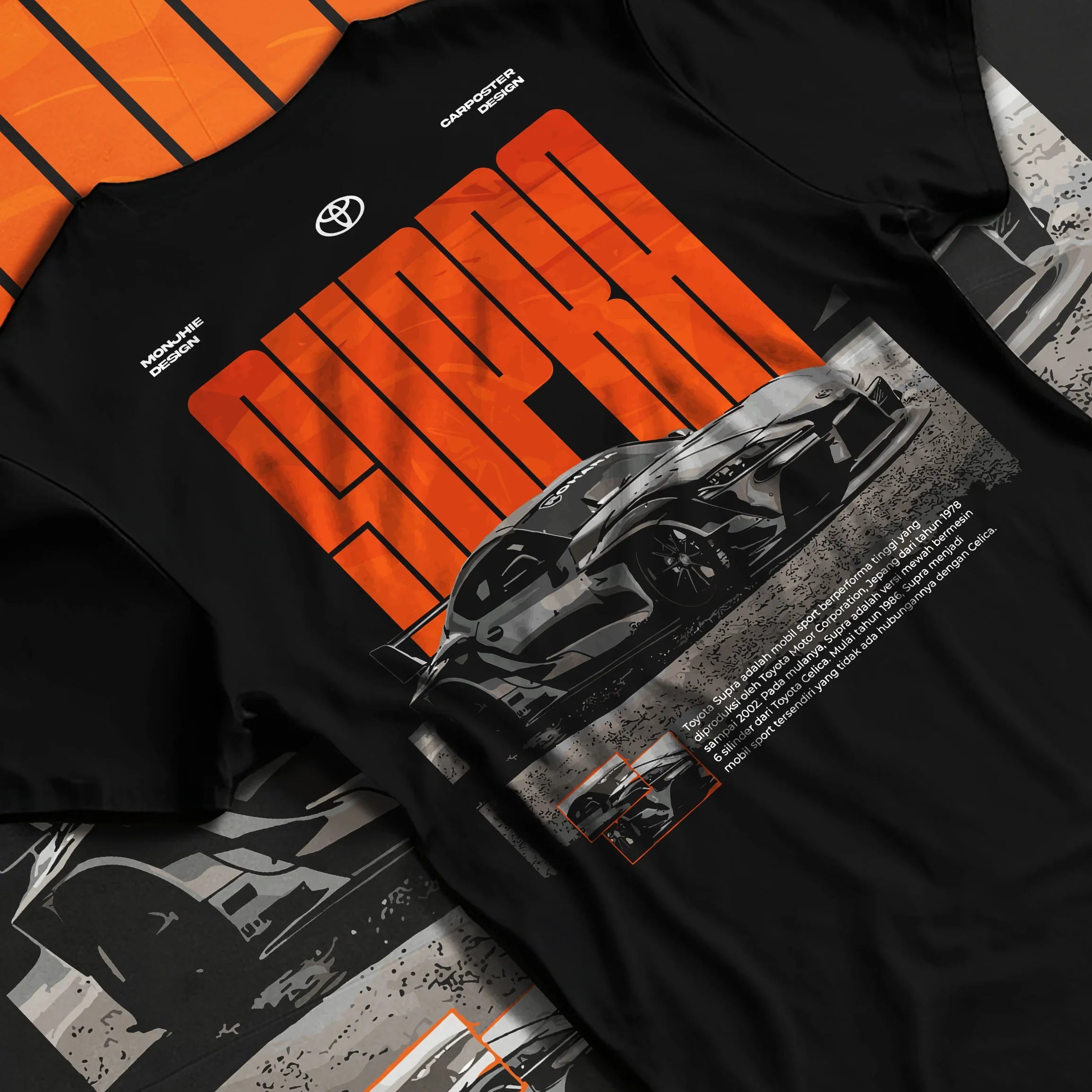 Black T-shirt featuring Toyota Supra JDM tuner graphic in bold orange street-racing design with aggressive performance artwork.