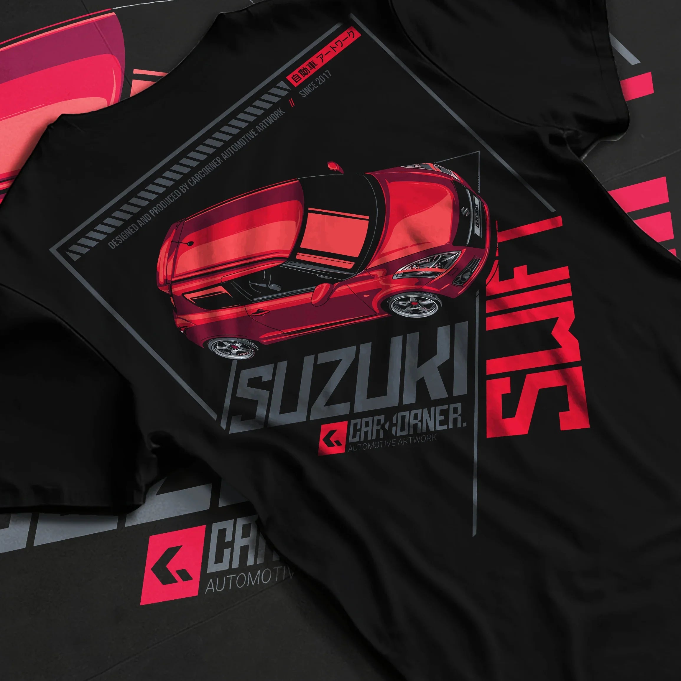 Black T-shirt featuring Suzuki Swift JDM tuner graphic in bold red streetwear design with top-view car illustration.