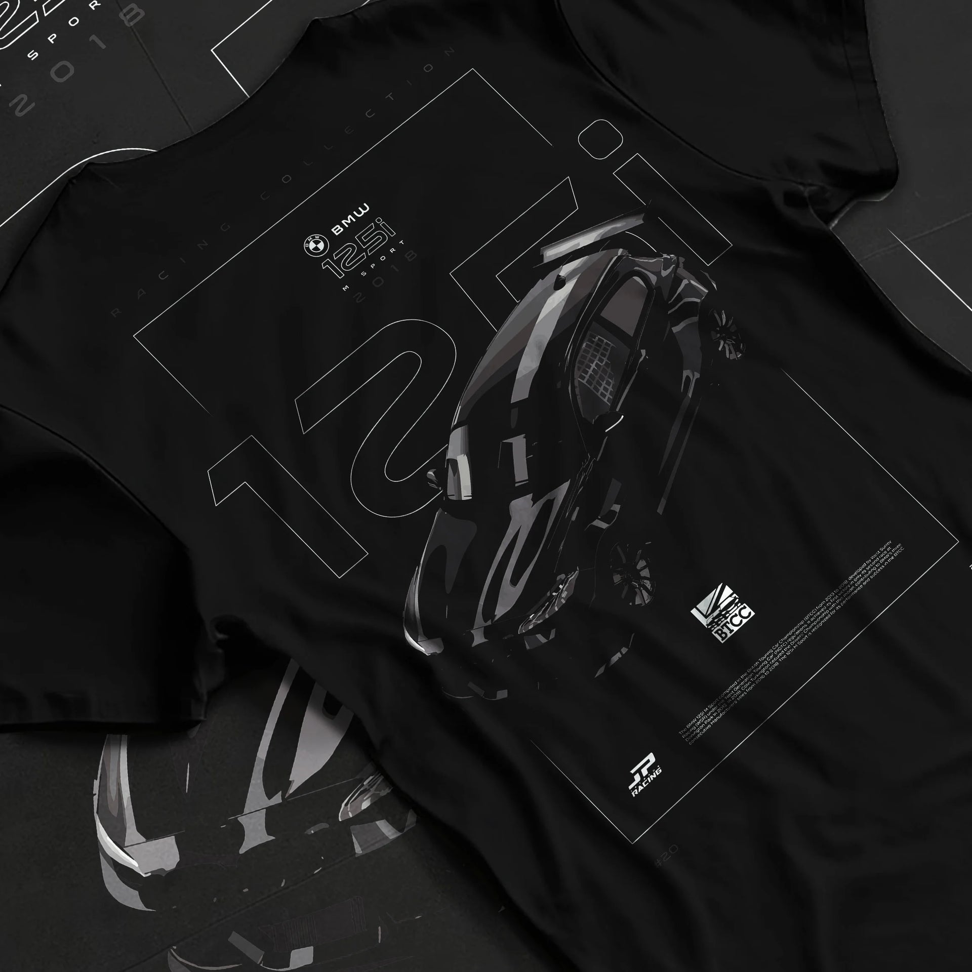 Black T-shirt laid flat with natural fabric folds, featuring BMW 750I rs turbo motorsport euro german street graphic.