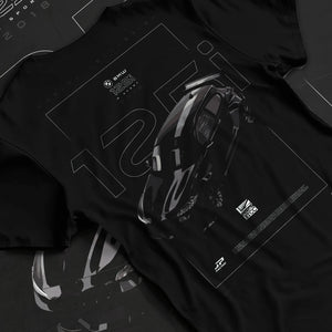 Black T-shirt laid flat with natural fabric folds, featuring BMW 750I rs turbo motorsport euro german street graphic.