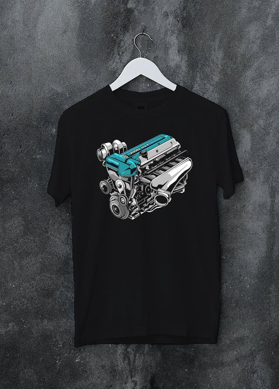 Black crewneck sweatshirt on a hanger against a grey wall, featuring Toyota Supra turbo 2jz racing jdm street power graphic.