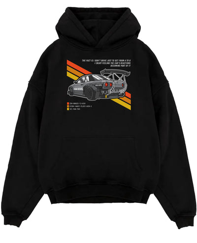 Black pullover hoodie laid flat on a white background, featuring Nissan 370Z turbo turbocharged racing drift jdm japanese 370zsp.