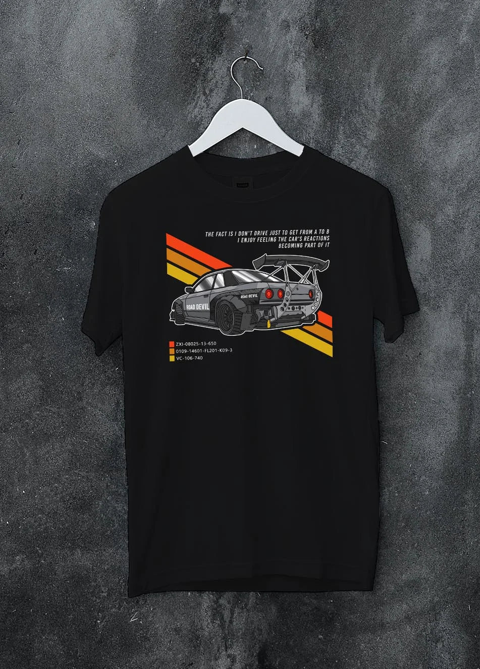 Black crewneck sweatshirt on a hanger against a grey wall, featuring Nissan 370Z turbo turbocharged racing drift jdm 370zsp.