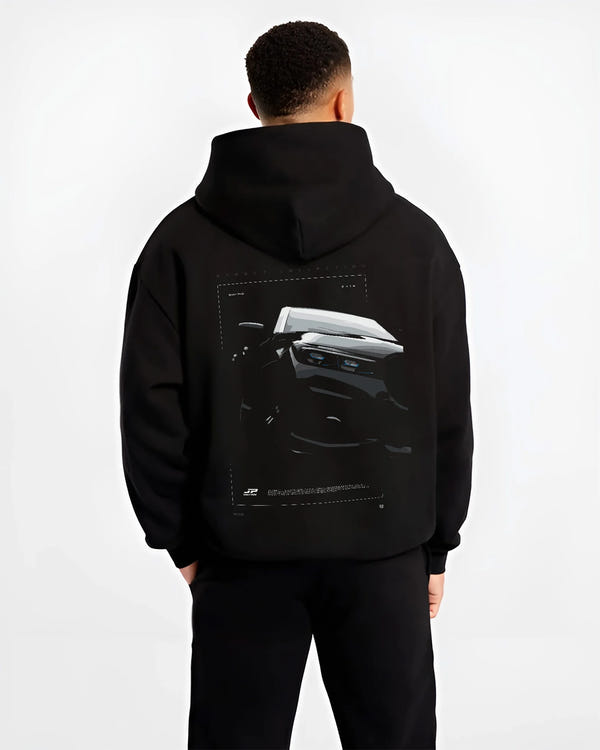 Black hoodie worn by a male model, back view, featuring BMW 750I rs turbo motorsport euro german street graphic.