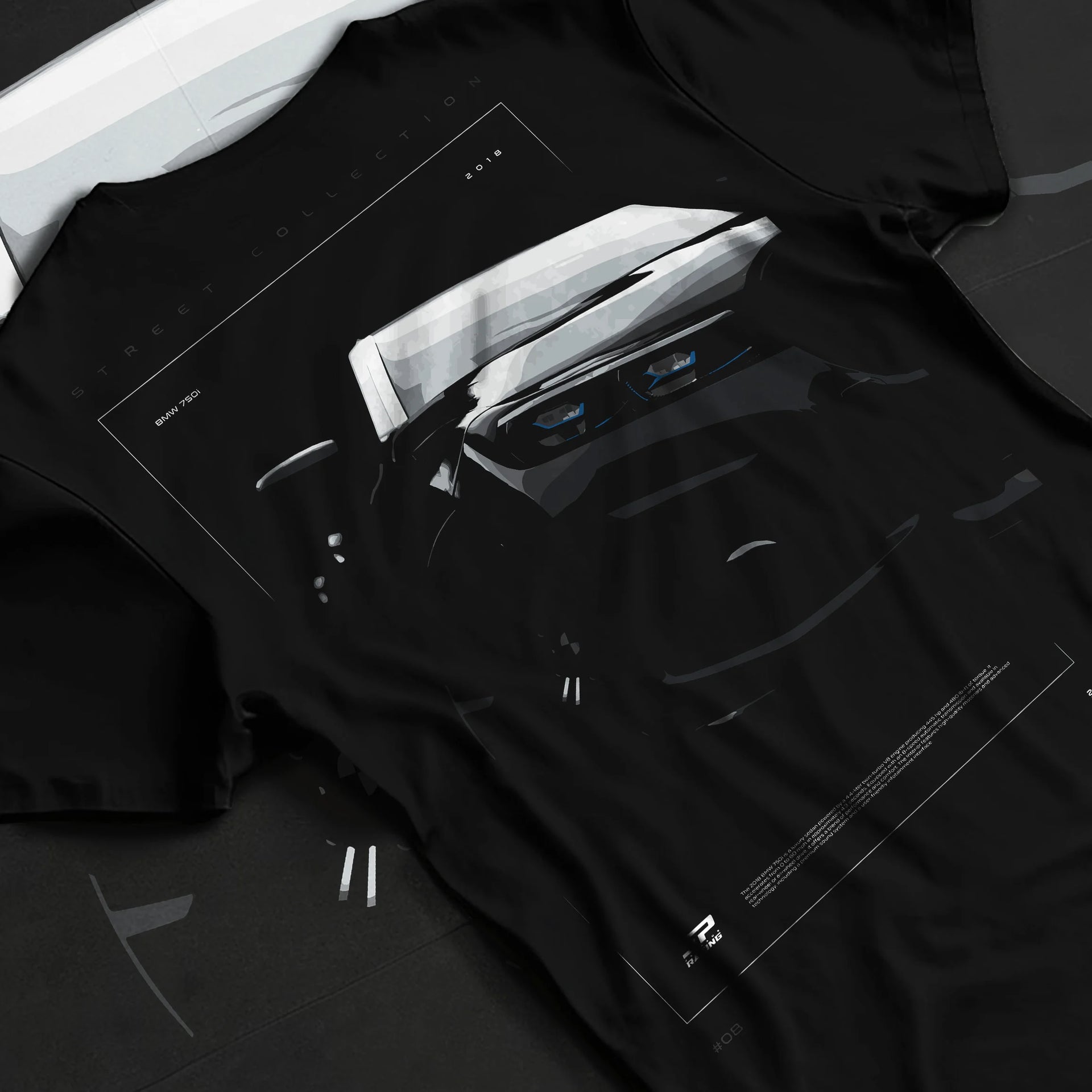 Black T-shirt laid flat with natural fabric folds, featuring BMW 750I rs turbo motorsport euro german street graphic.