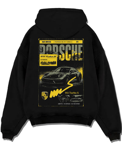 Black pullover hoodie laid flat on a white background, featuring Porsche 911 Turbo S rs 911 turbo racing german street graphic.