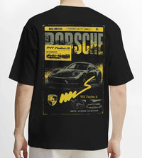 Black T-shirt worn by a male model, back view, featuring Porsche 911 Turbo S rs 911 turbo racing german street classic graphic.