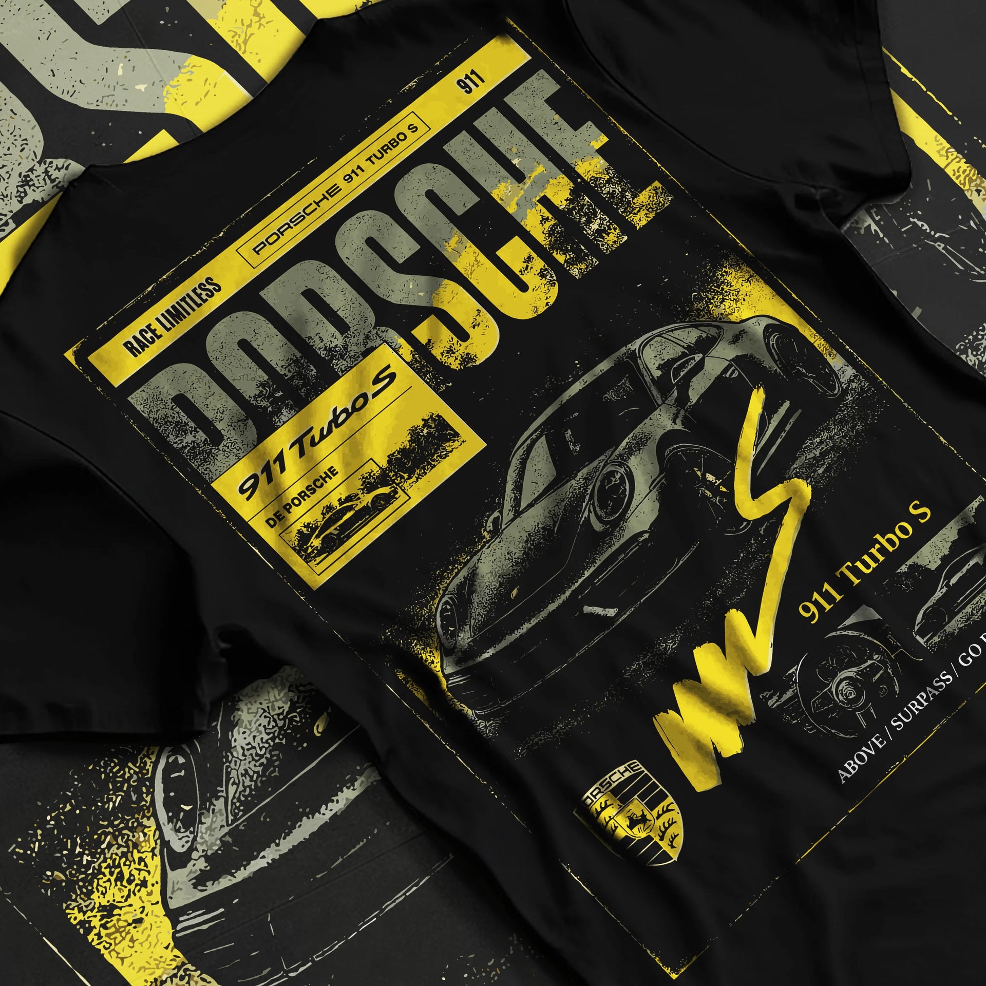 Black T-shirt laid flat with natural fabric folds, featuring Porsche 911 Turbo S rs 911 turbo racing german street classic graphic.