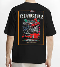 Black T-shirt worn by a male model, back view, featuring Honda Accord rs motorsport street retro classic racing graphic.