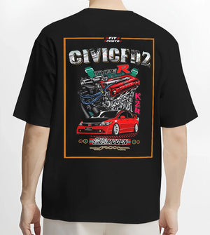 Black T-shirt worn by a male model, back view, featuring Honda Accord rs motorsport street retro classic racing graphic.