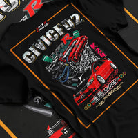 Black T-shirt laid flat with natural fabric folds, featuring Honda Accord rs motorsport street retro classic racing graphic.