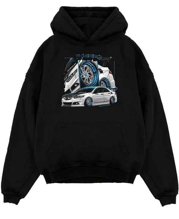 Black pullover hoodie laid flat on a white background, featuring ACURA jdm tuning stance slammed bagged street enthusiast graphic.