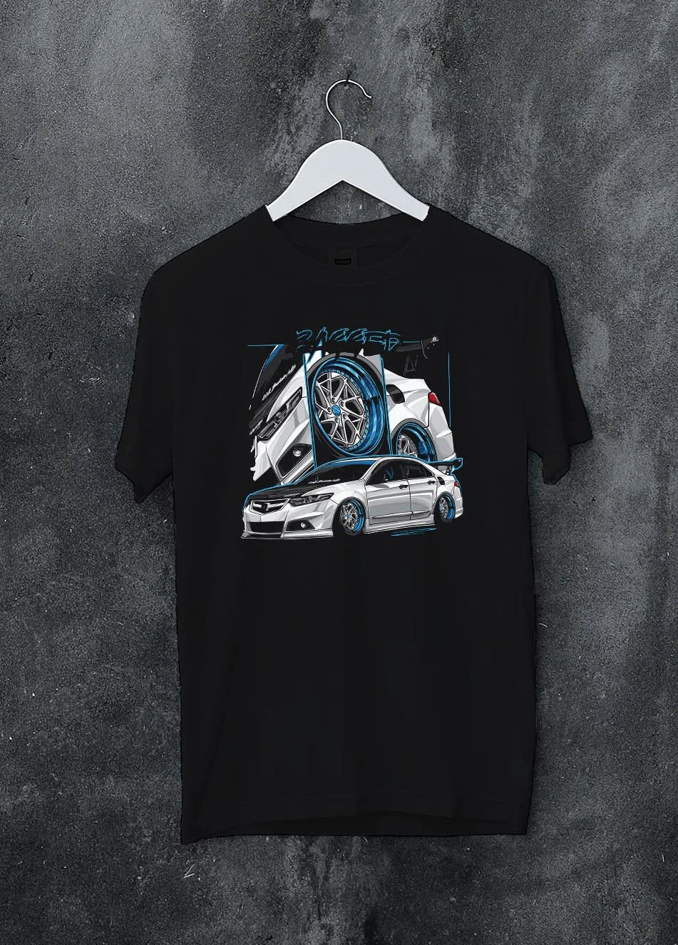 Black crewneck T-shirt on a hanger against a grey wall, featuring ACURA jdm tuning stance slammed bagged street enthusiast graphic.