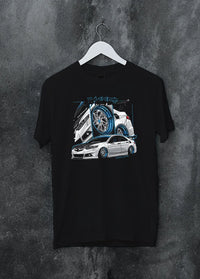 Black crewneck T-shirt on a hanger against a grey wall, featuring ACURA jdm tuning stance slammed bagged street enthusiast graphic.