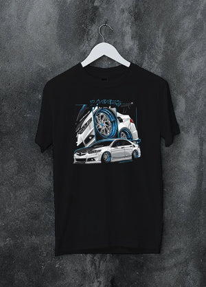 Black crewneck T-shirt on a hanger against a grey wall, featuring ACURA jdm tuning stance slammed bagged street enthusiast graphic.