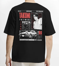 Black T-shirt worn by a male model, back view, featuring AE86 racing drift japanese initial d street retro performance graphic.