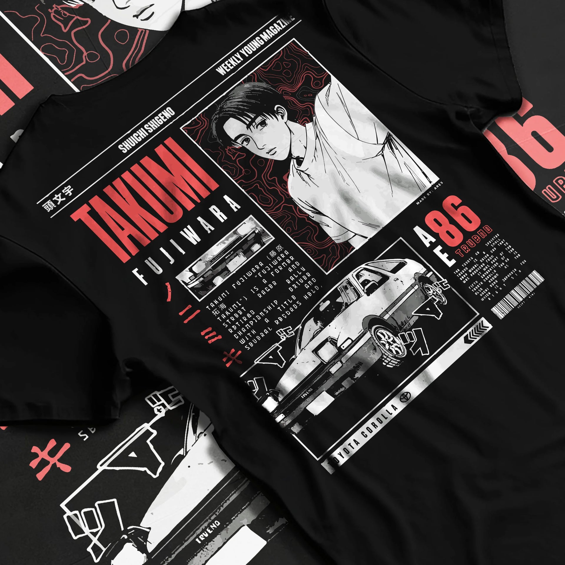 Black T-shirt laid flat with natural fabric folds, featuring AE86 racing drift japanese initial d street retro performance graphic.