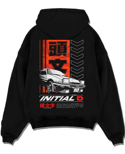 Black pullover hoodie laid flat on a white background, featuring AE86 racing drift jdm japanese initial d street legend graphic.