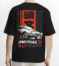 Black T-shirt worn by a male model, back view, featuring AE86 racing drift jdm japanese initial d street legend graphic.