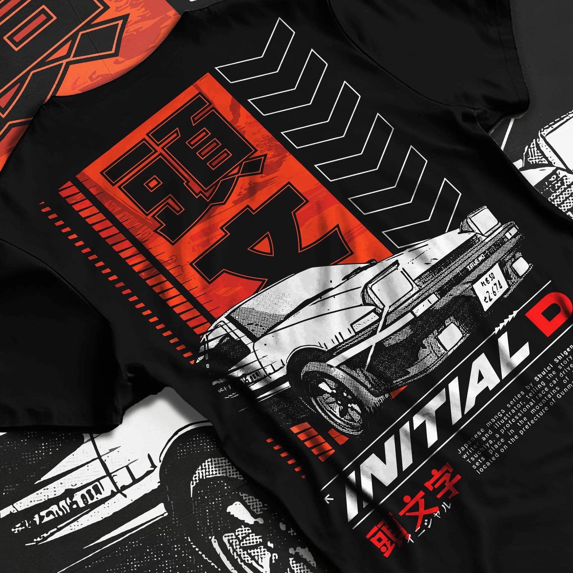Black T-shirt laid flat with natural fabric folds, featuring AE86 racing drift jdm japanese initial d street legend graphic.