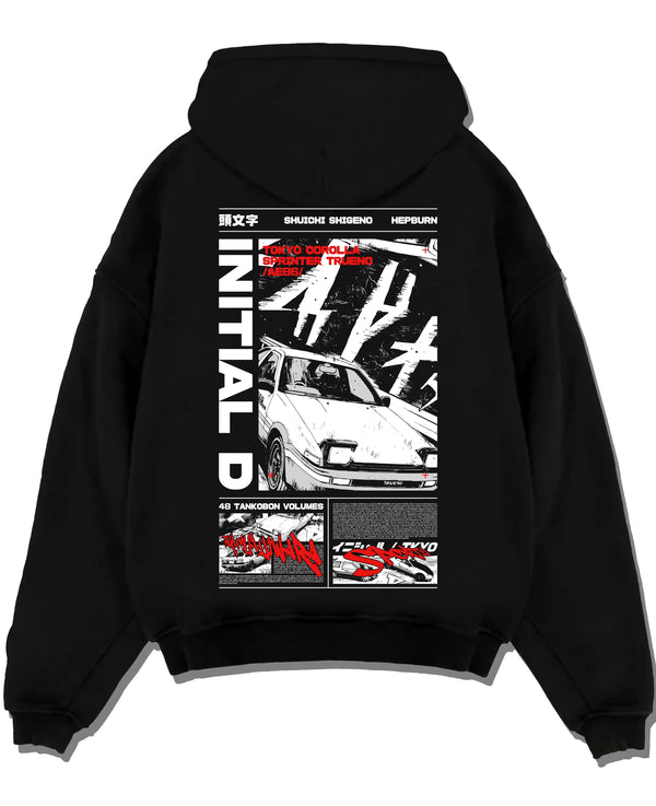 Black pullover hoodie laid flat on a white background, featuring Toyota AE86 racing drift jdm tuner initial d street graphic.