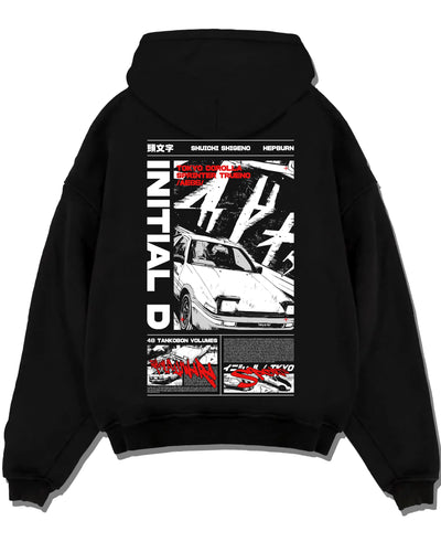 Black pullover hoodie laid flat on a white background, featuring Toyota AE86 racing drift jdm tuner initial d street graphic.