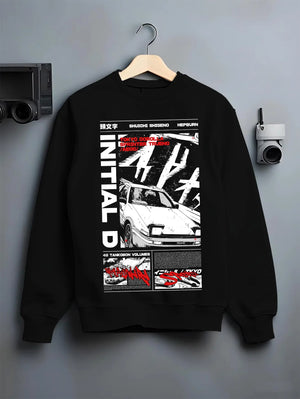 Black crewneck sweatshirt on a hanger against a grey wall, featuring Toyota AE86 racing drift jdm tuner initial d street graphic.