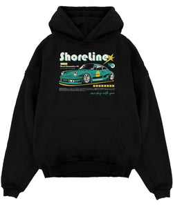 Black pullover hoodie laid flat on a white background, featuring Porsche 911 rs race japanese stance widebody street retro graphic.