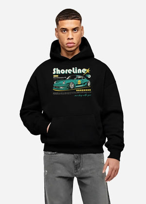 Black hoodie worn by a male model, front view, featuring Porsche 911 rs race japanese stance widebody street retro graphic.