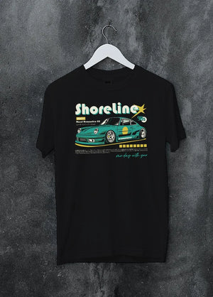 Black crewneck T-shirt on a hanger against a grey wall, featuring Porsche 911 rs race japanese stance widebody street retro graphic.
