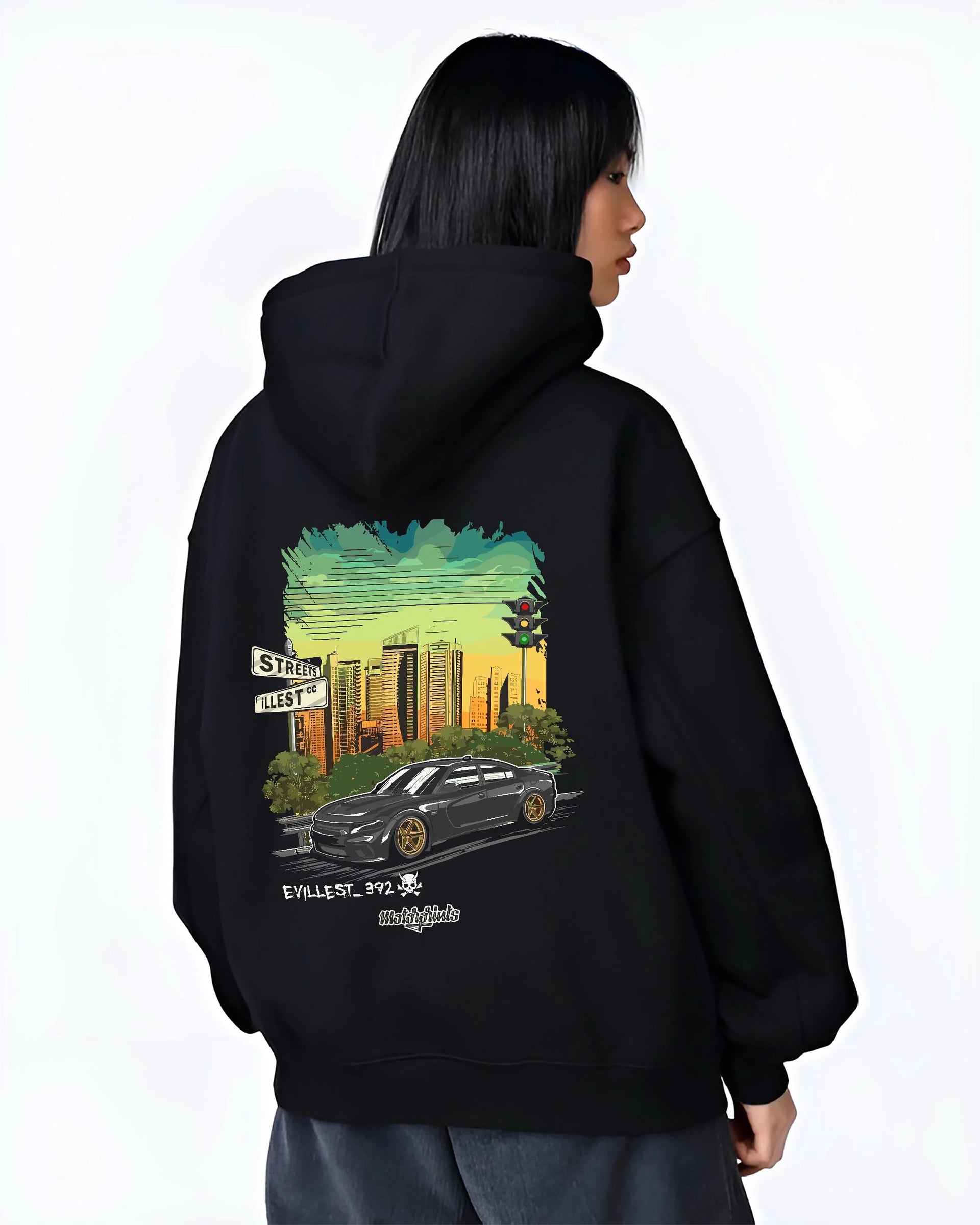Black hoodie worn by a female model, back view, featuring Dodge Charger skyline american muscle street classic racing graphic.
