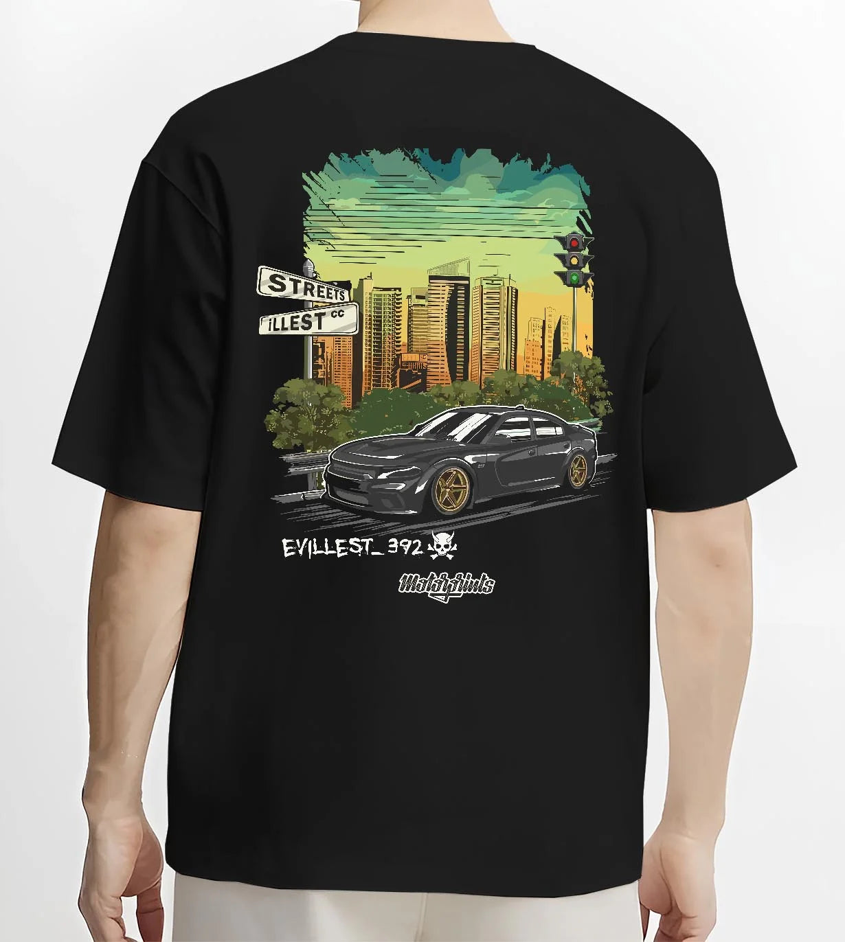 Black T-shirt worn by a male model, back view, featuring Dodge Charger skyline american muscle street classic racing graphic.