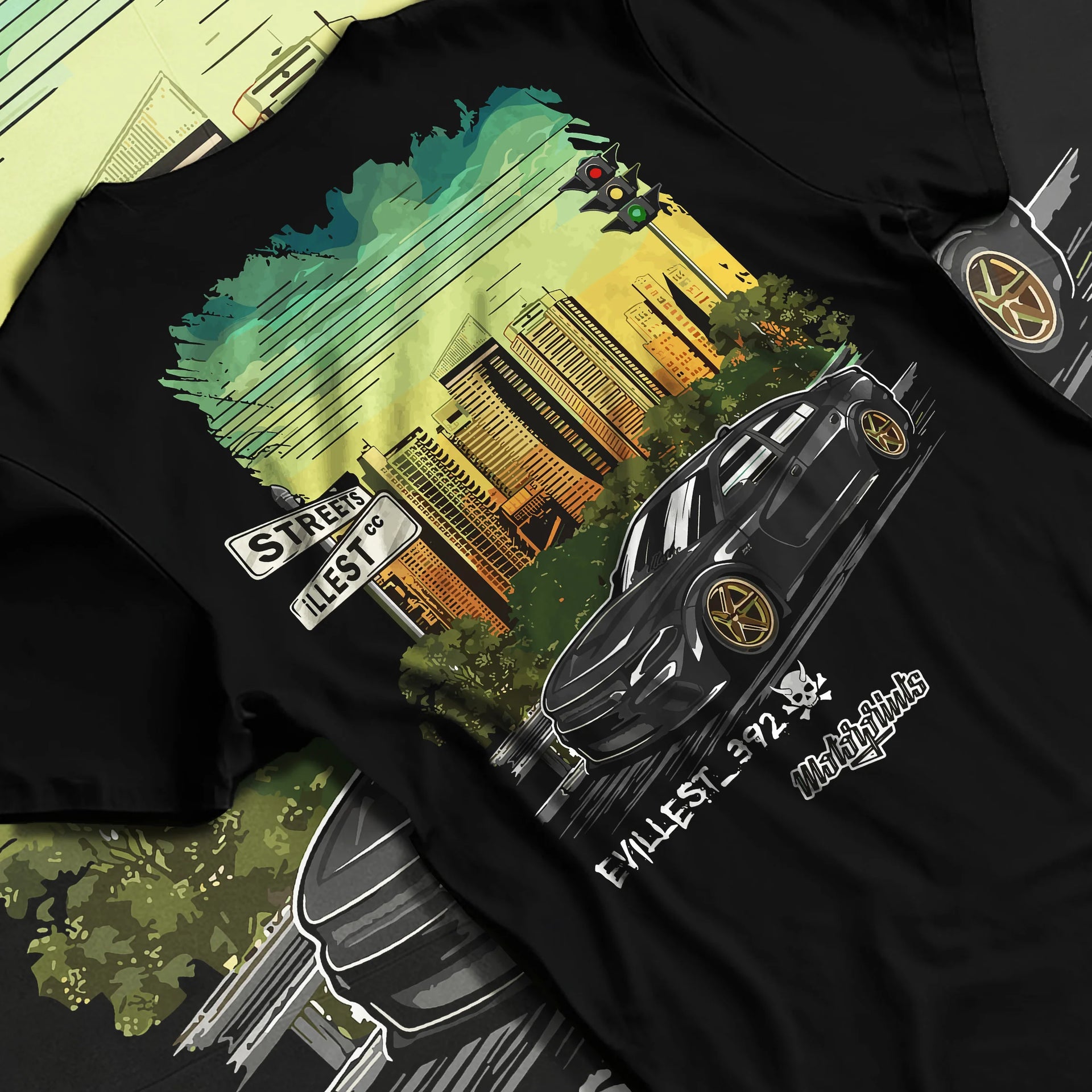 Black T-shirt laid flat with natural fabric folds, featuring Dodge Charger skyline american muscle street classic racing graphic.