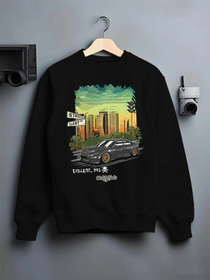 Black crewneck sweatshirt on a hanger against a grey wall, featuring Dodge Charger skyline american muscle street classic graphic.