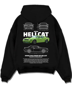 Black pullover hoodie laid flat on a white background, featuring Dodge Hellcat srt challenger muscle street racing graphic.