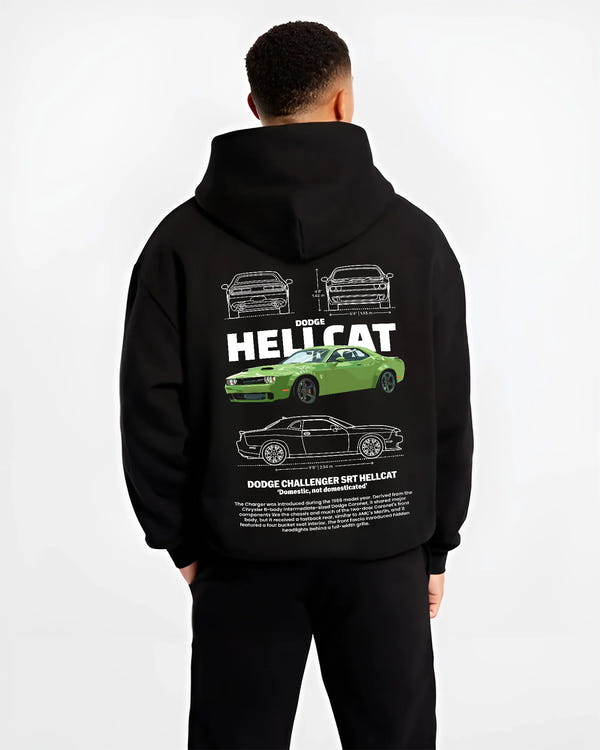 Black hoodie worn by a male model, back view, featuring Dodge Hellcat srt challenger muscle street racing performance graphic.
