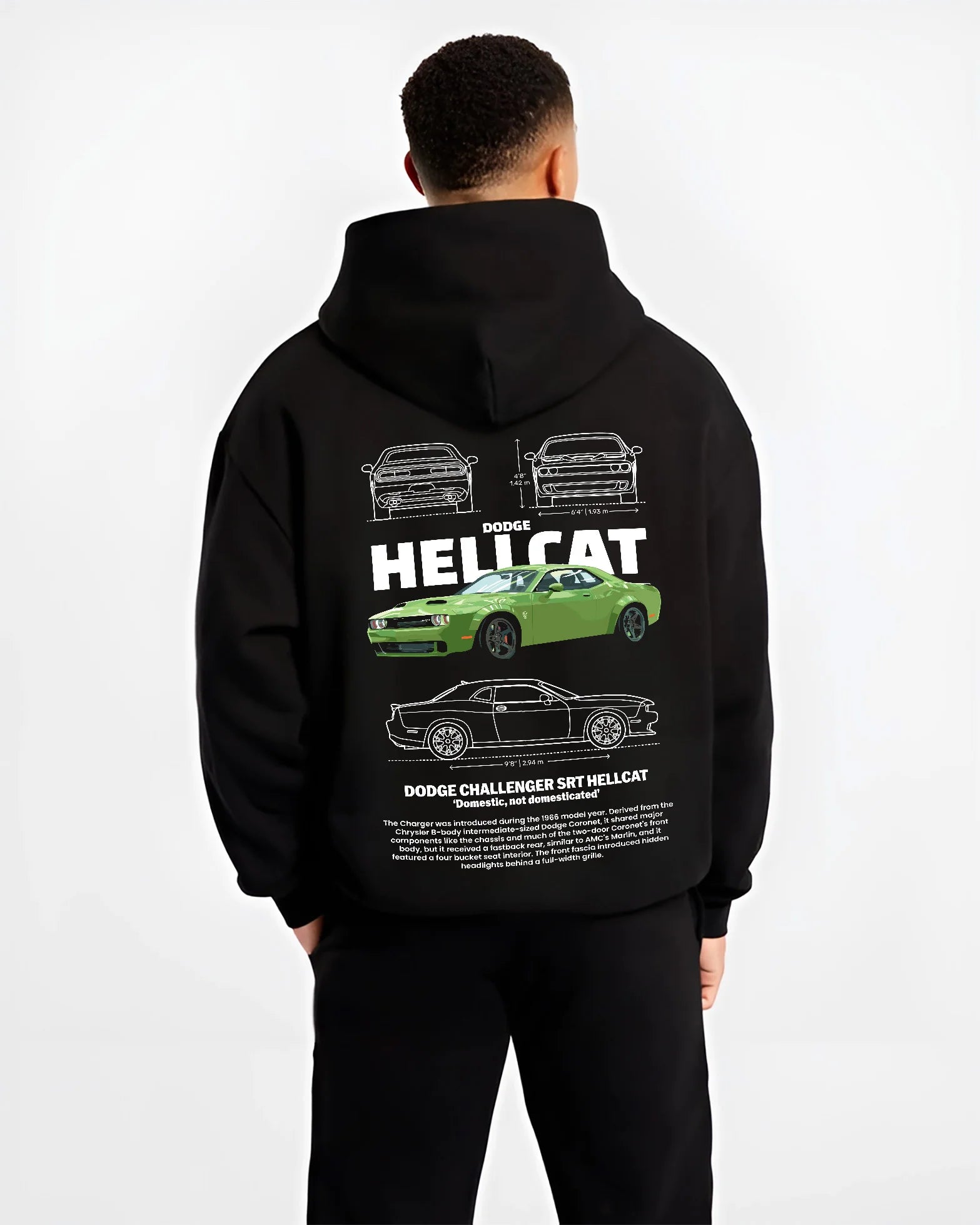 Black hoodie worn by a male model, back view, featuring Dodge Hellcat srt challenger muscle street racing performance graphic.