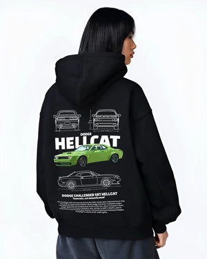 Black hoodie worn by a female model, back view, featuring Dodge Hellcat srt challenger muscle street racing performance graphic.
