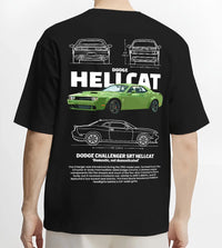 Black T-shirt worn by a male model, back view, featuring Dodge Hellcat srt challenger muscle street racing performance graphic.