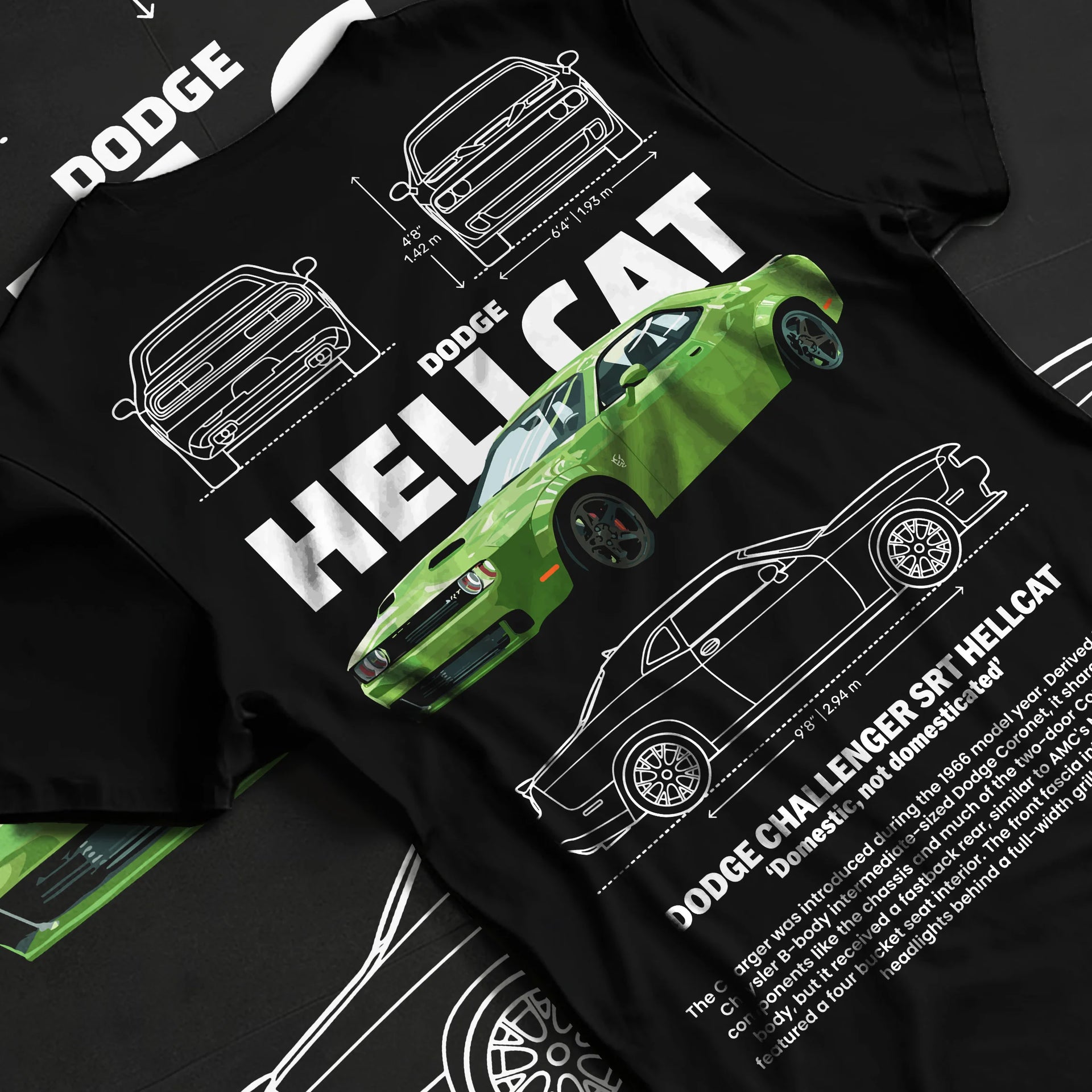 Black T-shirt laid flat with natural fabric folds, featuring Dodge Hellcat srt challenger muscle street racing performance graphic.