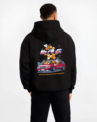 Black hoodie worn by a male model, back view, featuring street retro enthusiast racing performance motorsport automotive graphic.